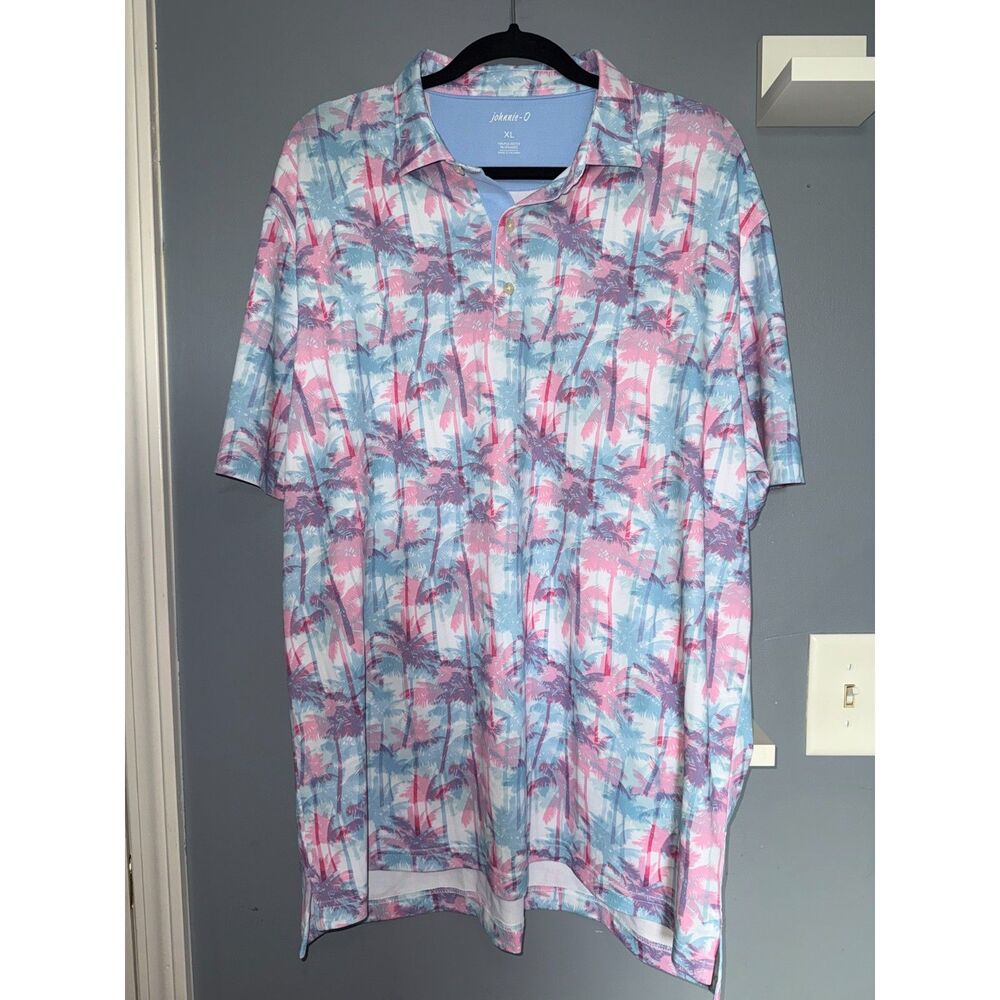 Men's Johnnie-O Blue & Pink Palm Tree Print Short Sleeve Polo | Size XL | Golf